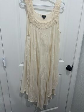 REVUE Boho Y2K Cream Crochet-Trim Sleeveless Dress asymmetrical handkerchief hem